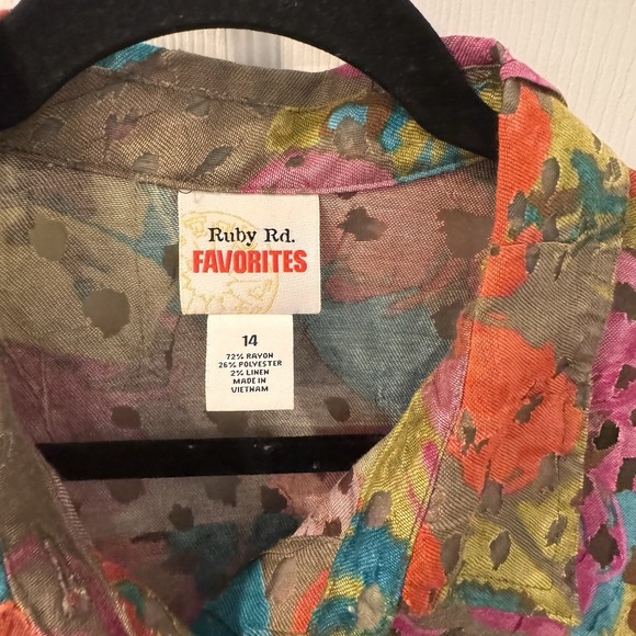 Ruby Rd.‎ Button Shirt Jacket Womens Size 14 Abstract Roll Tab Sleeves Sheer - Picture 2 of 8